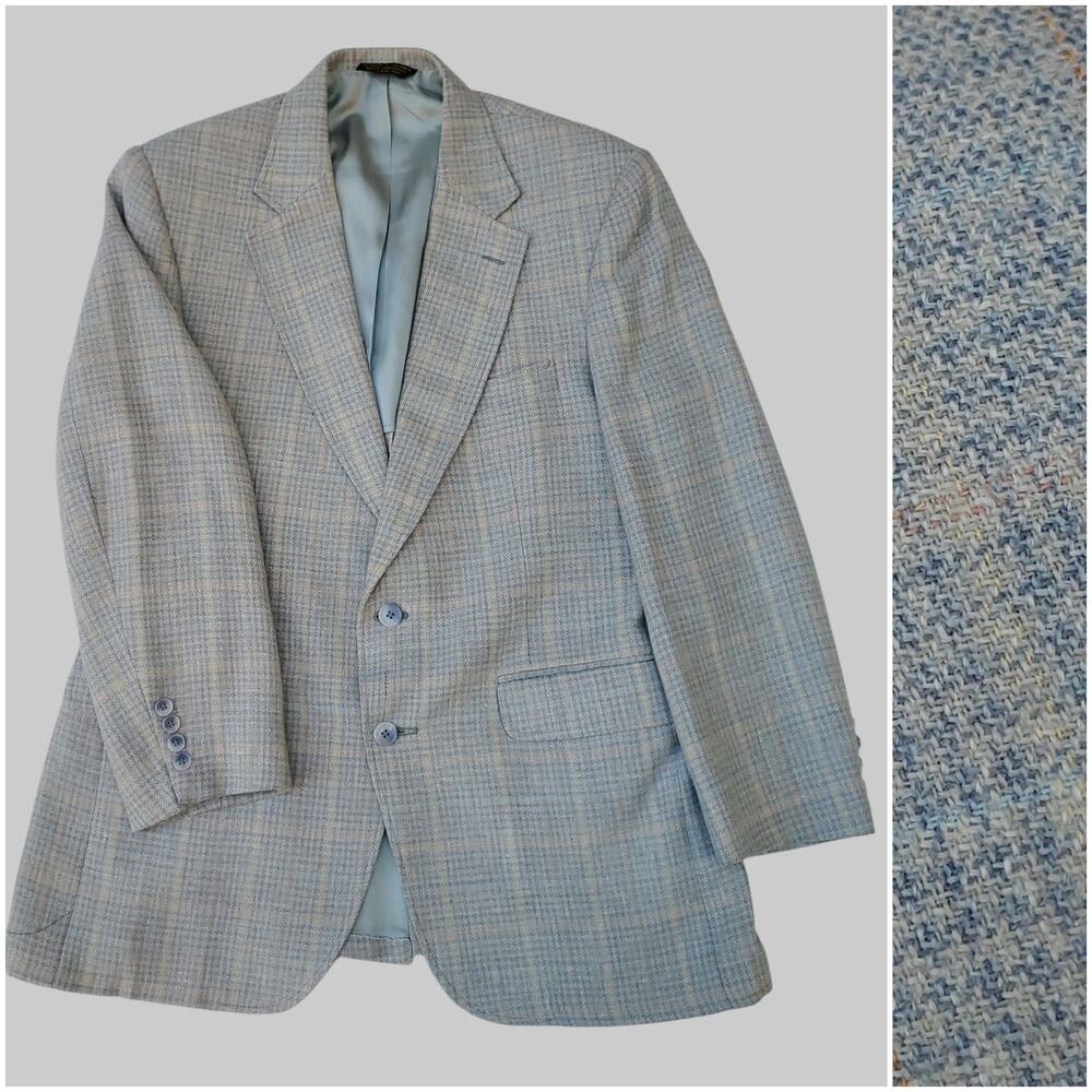 VTG Stafford Ivy Prep Blue Tweed Wool Plaid Check Sport Coat Blazer Jacket 42R